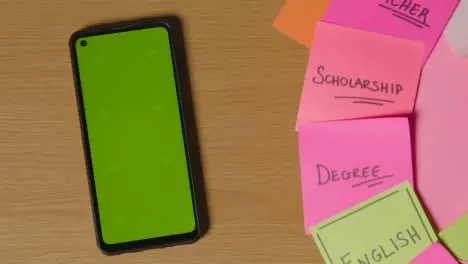 Education Concept Of Revolving Sticky Notes With Educational Terms And Subjects And Green Screen Mobile Phone