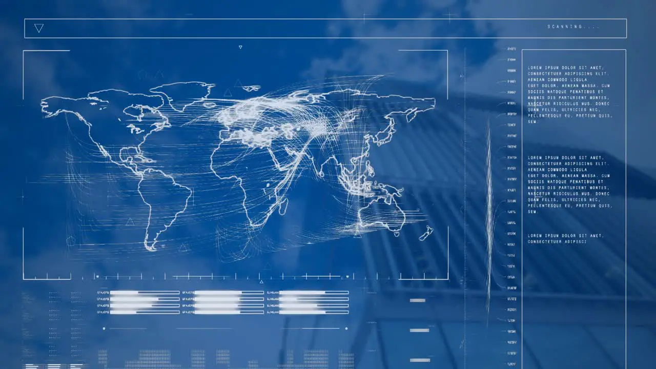 Animation of loading bars map and computer language low angle view of building against cloudy sky