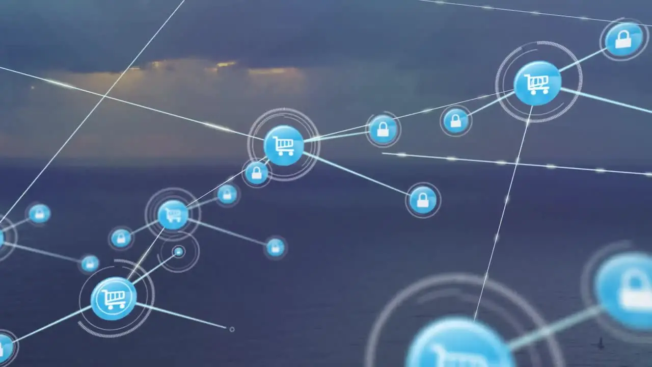 Animation of icons connected with lines over aerial view of ocean against cloudy sky