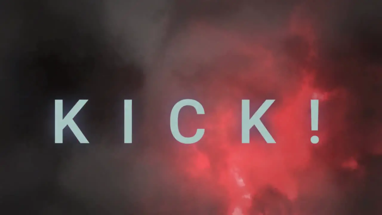 Animation of kick text in blue over colourful lightning in dark cloudy sky