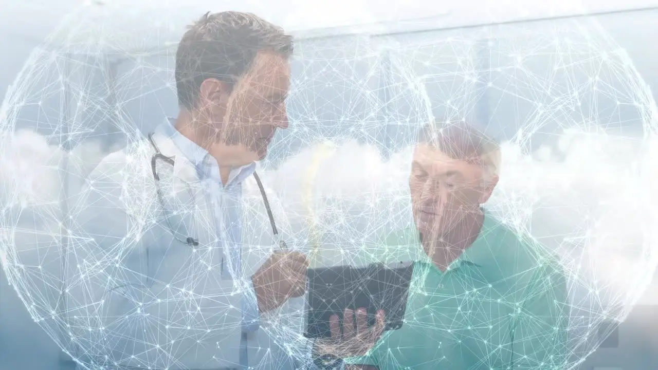 Dots forming globe with cloudy sky over caucasian doctor showing reports over tablet to senior man