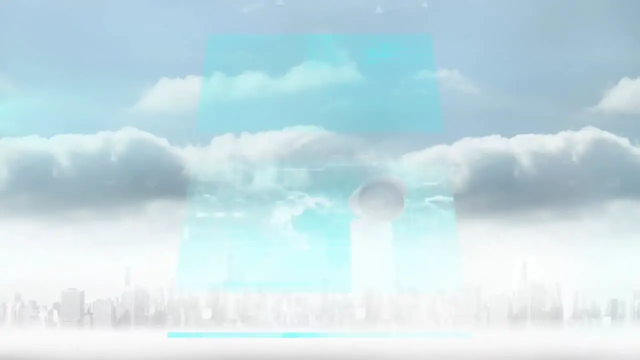 Animation of moving screens with data processing over cloudy sky