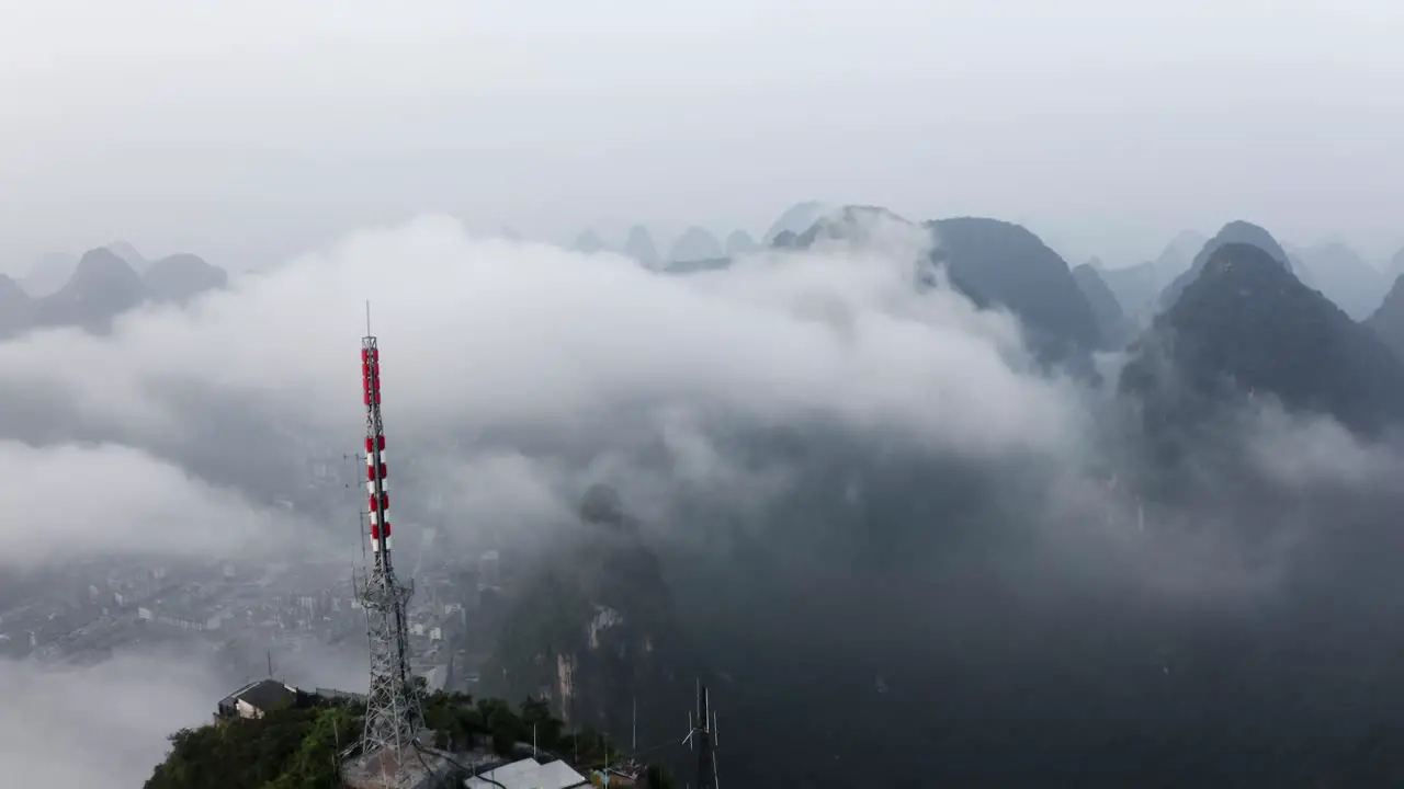 4k drone footage of tv aerial station yangshuo radio communication tower