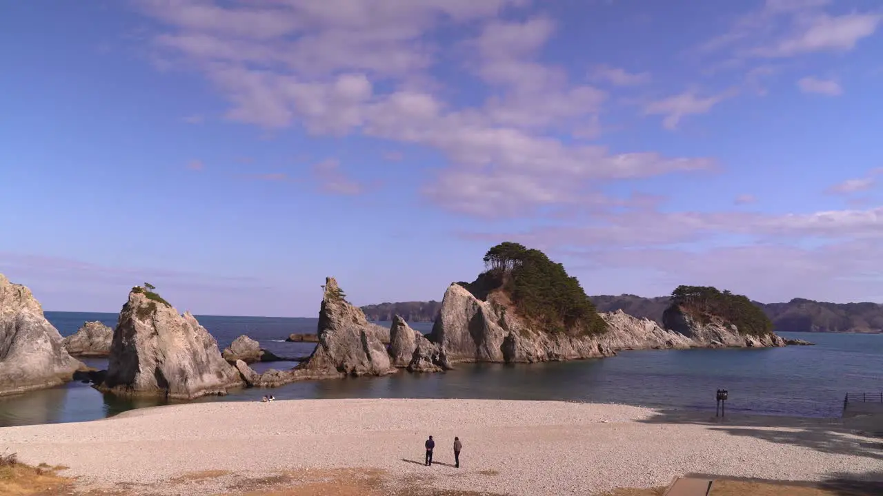 High above open view on Jodagahama beach with few people walking