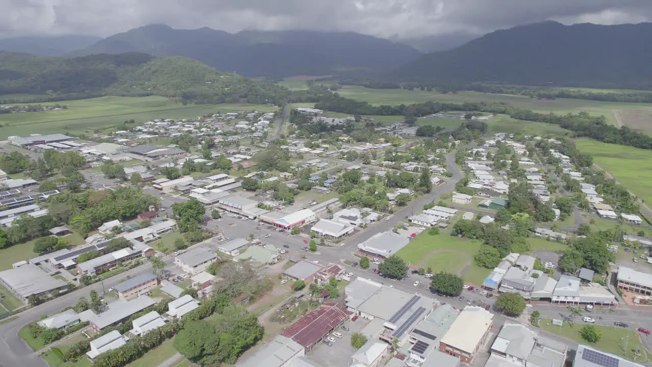 Mossman Rural Town Against Dark Cloudy Sky In The Shire Of Douglas Queensland Australia aerial shot