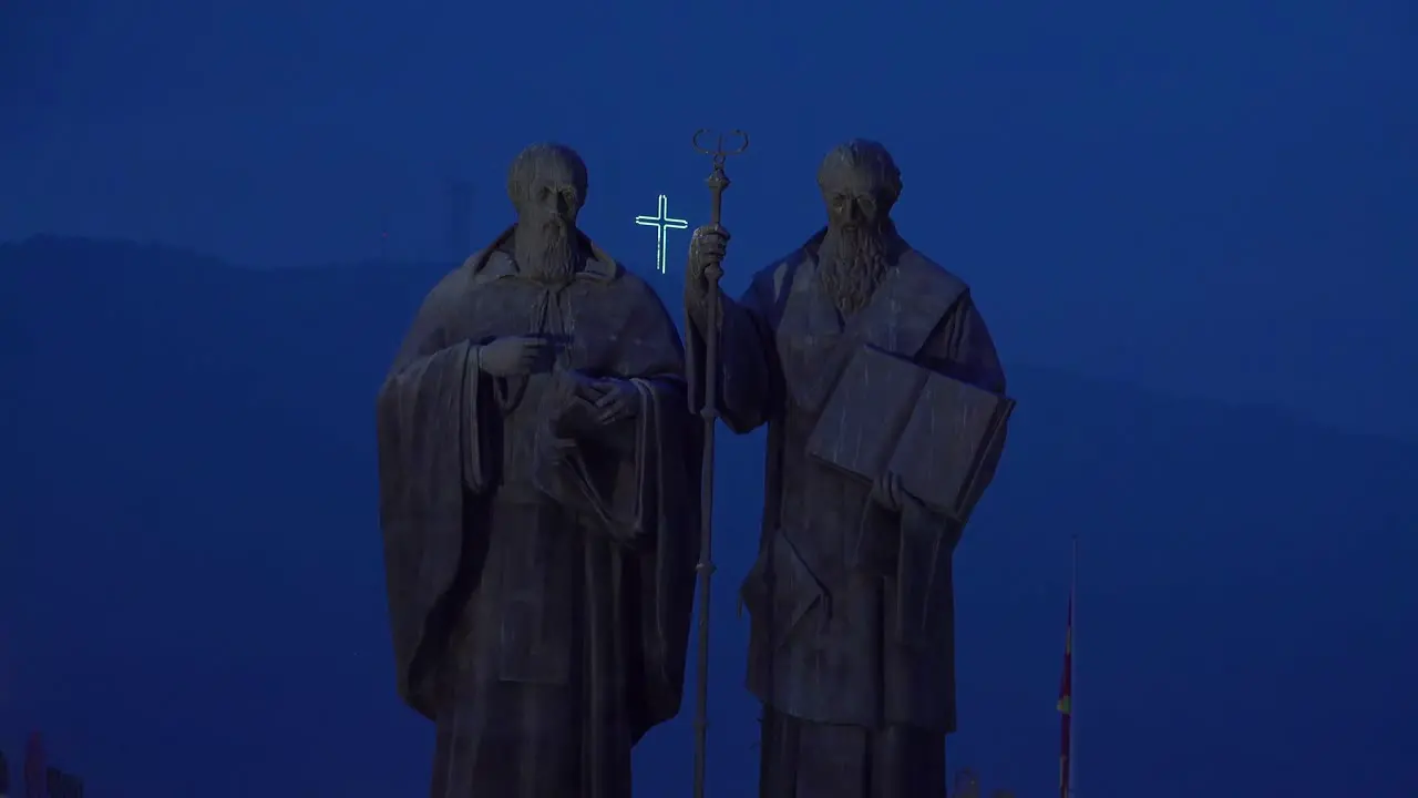 Religious statues dominate the night skyline in Skopje Macedonia