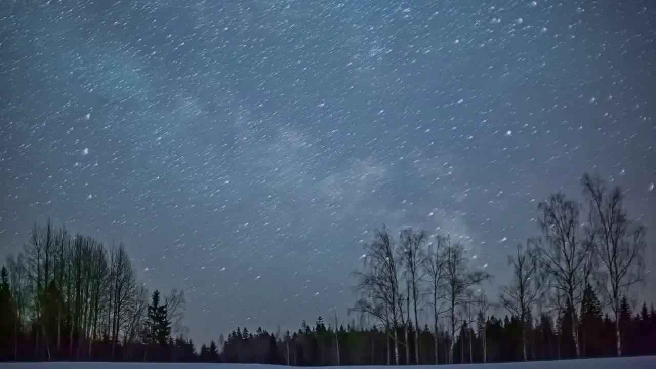 Star trails moving in the dark sky forest silhouette with magical starry sky Time Lapse