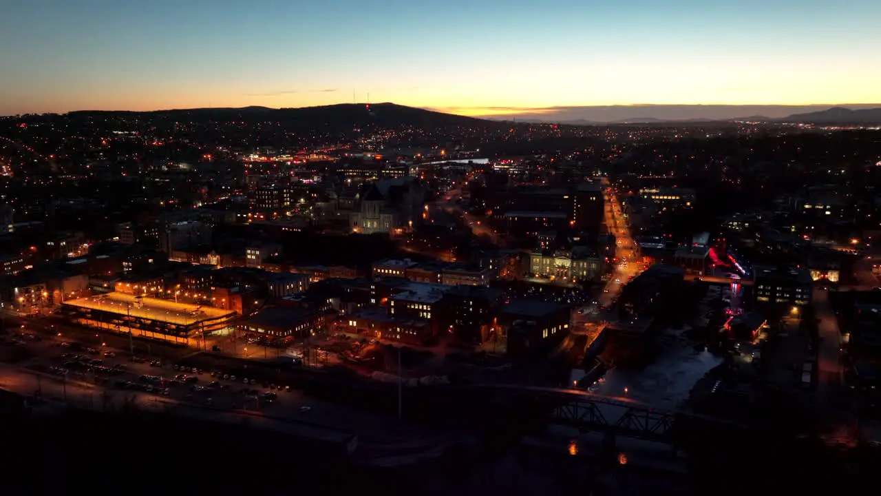 Panoramic View Of Sherbrooke City At Night In Canada aerial drone shot