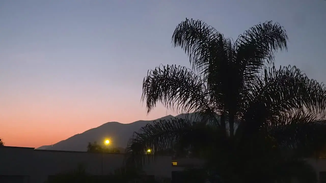 Colourful sunset with dark blue sky disolving in red over La Molina in Lima Peru with palm tree shadow and mountains