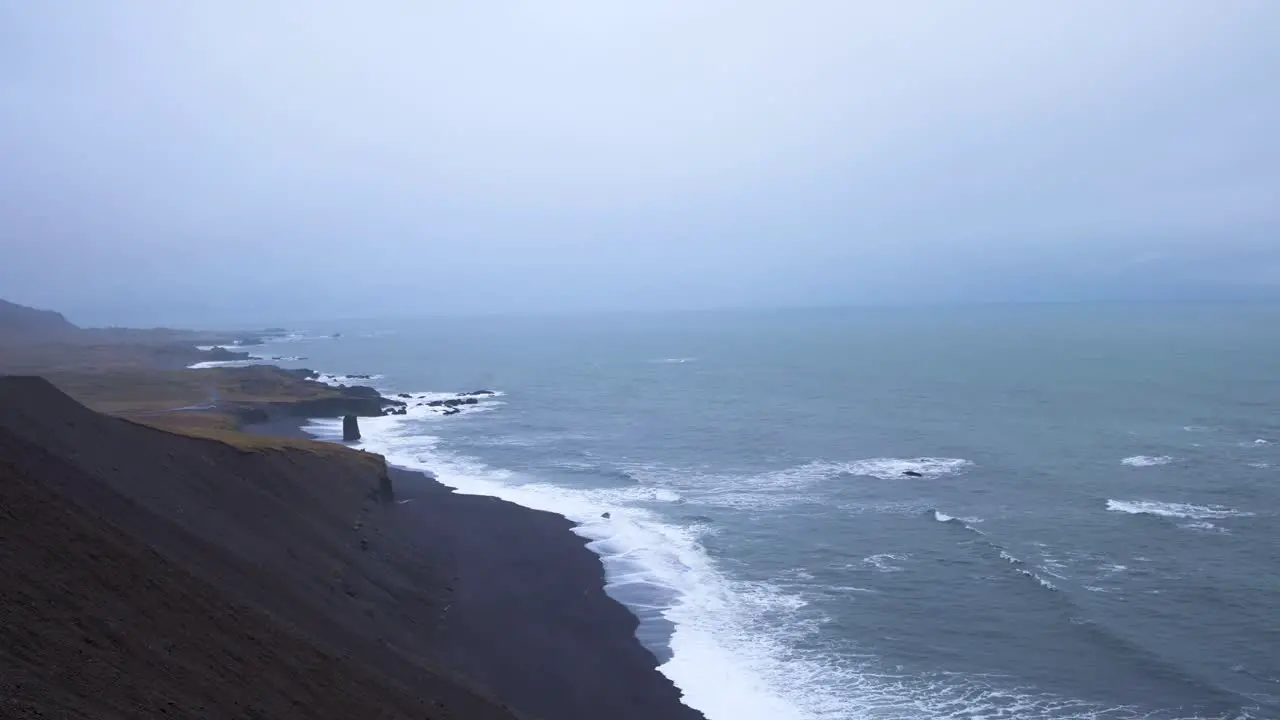 Waves hitting the black sand coastline in Iceland in a stormy weather