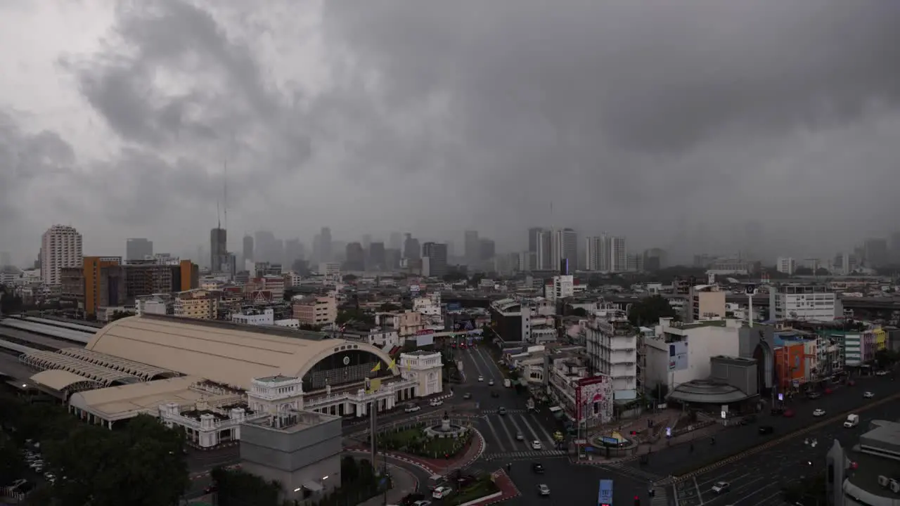 Hua Lamphong Railway Station in Bangkok on an overcast rainy day