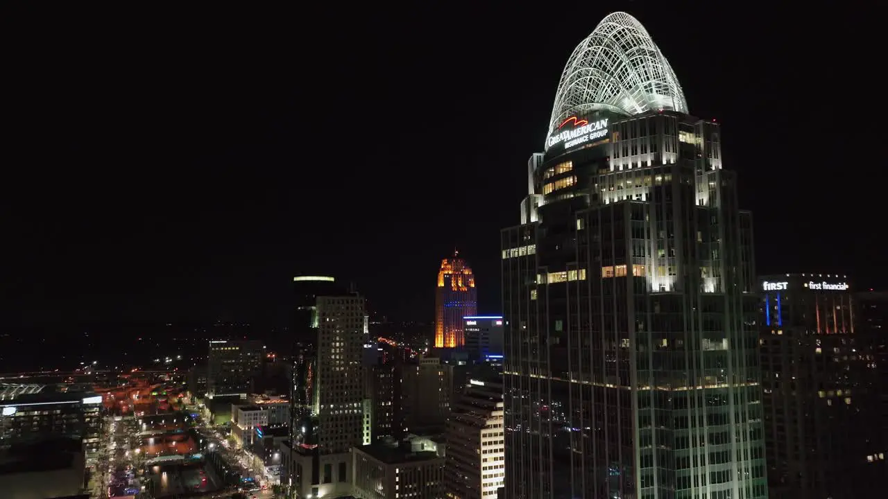 Aerial view in front of the illuminated Great American Tower evening in Cincinnati USA