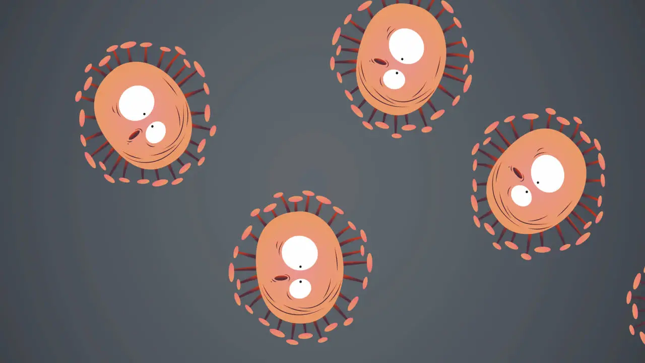 Animation of covid 19 cells with eyes on grey background