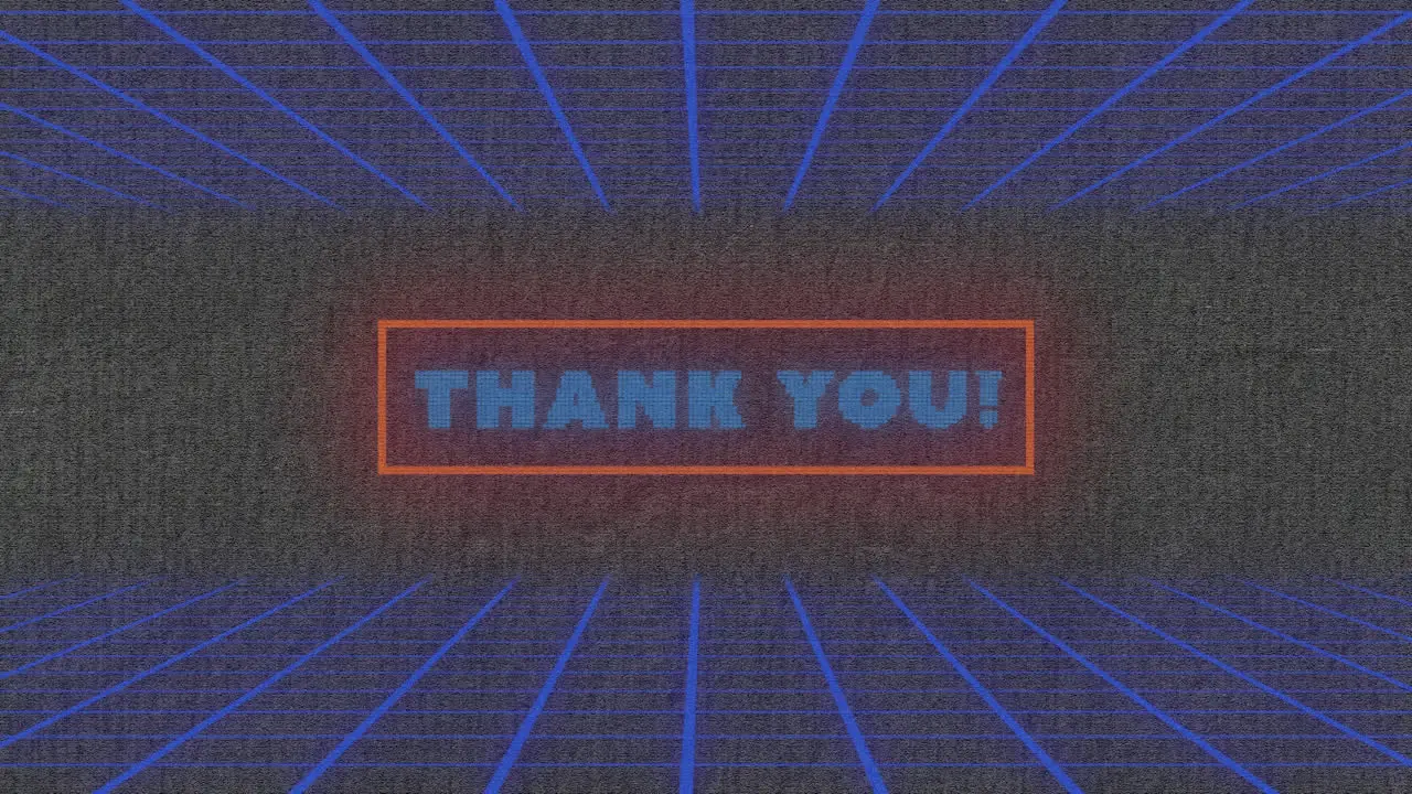 Animation of thank you text over grid on dark background