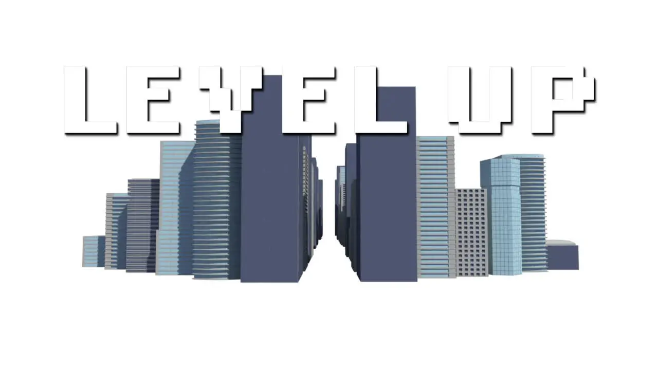 Animation of level up text in white letters over cityscape on white background