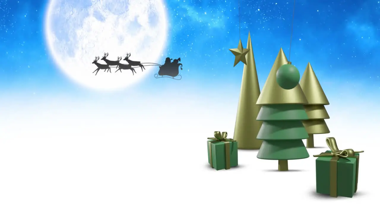 Animation of christmas decorations over santa claus in sleigh with reindeer and moon on sky