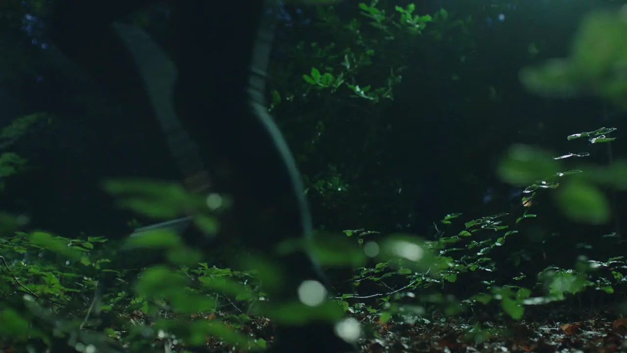 Close up of woman legs running through dark and scary forest at night running past camera