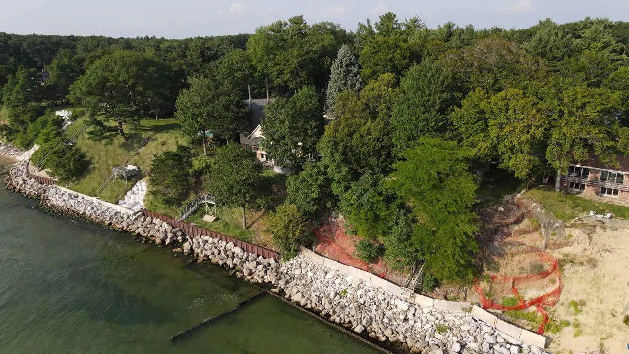 Still angle from the air of the reinforced erosion barriers on Lake Michigan