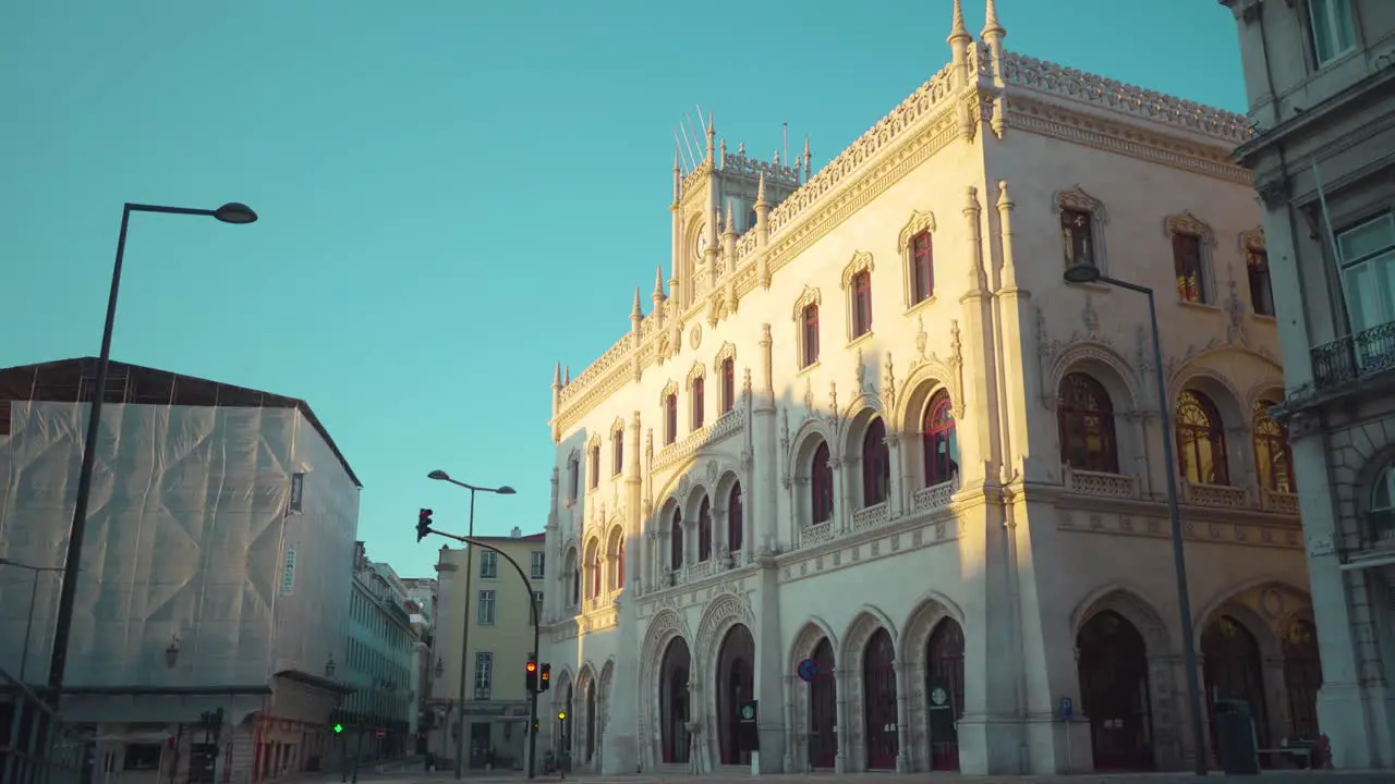 Lisbon Empty Downtown Old Buildings Ornate Facade Traffic Lights Closed Stores pigeons at sunrise 4K during COVID-19 Lock Down