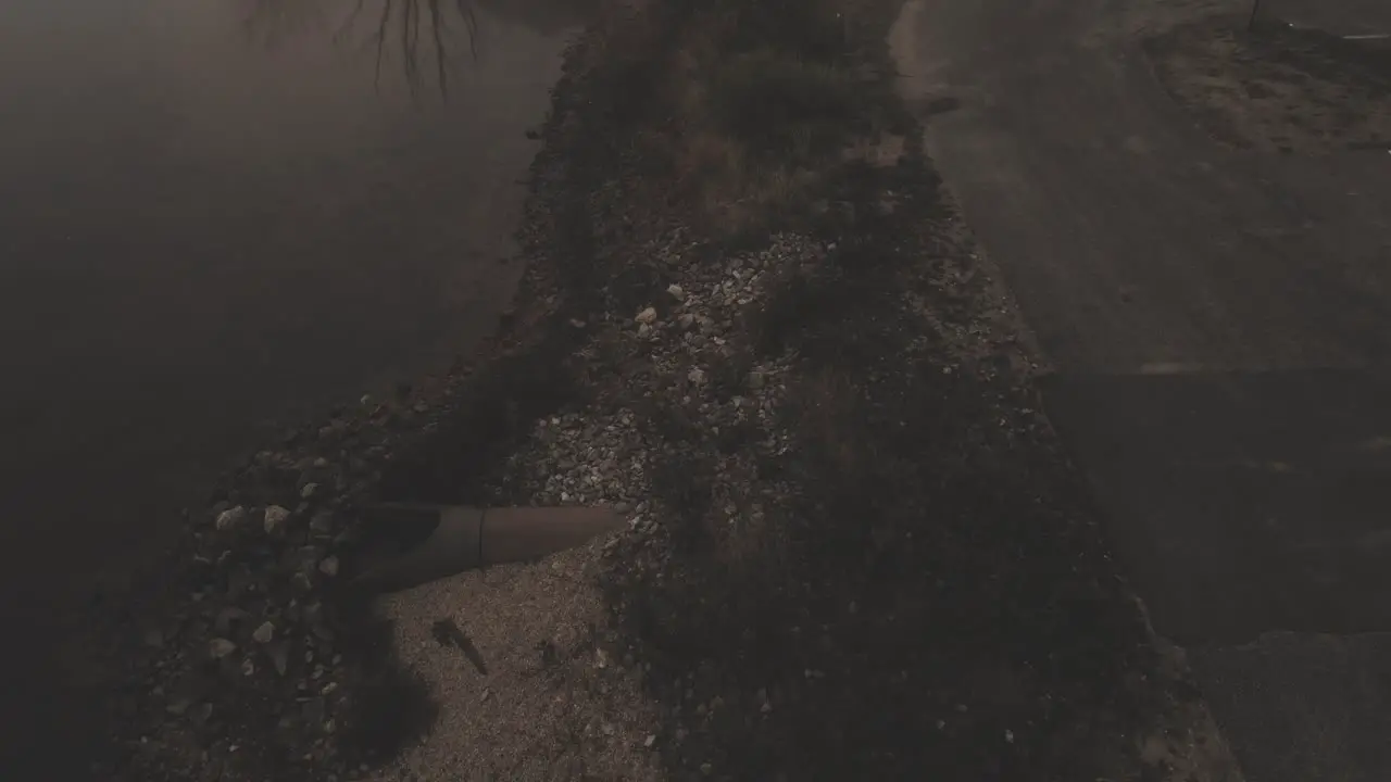 A shoreline of a misty marsh like lake