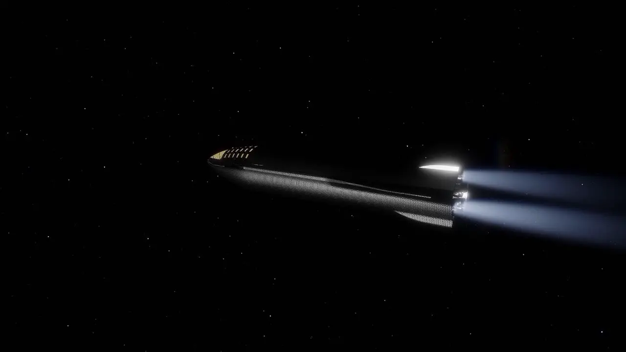 Space X Starship flying into a moon orbit after a long trip from Earth this is a computer simulation