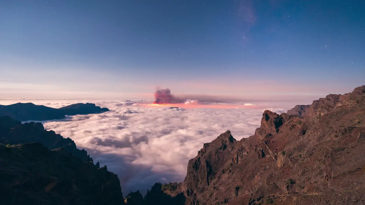 milky way and moonrise during volcano eruption in september 2021in La Palma Canary Islands Spain