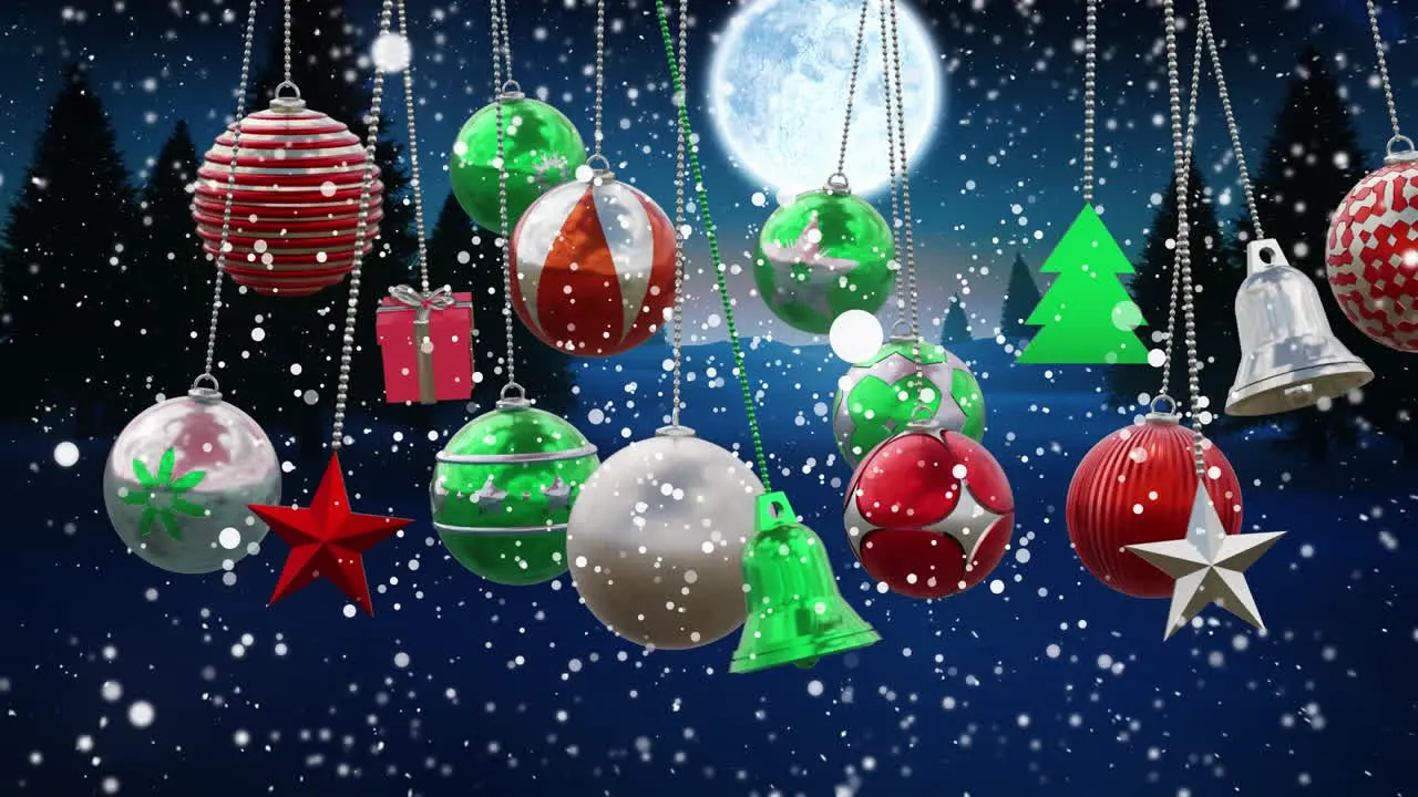 Animation of christmas baubles decorations over full moon in winter scenery background