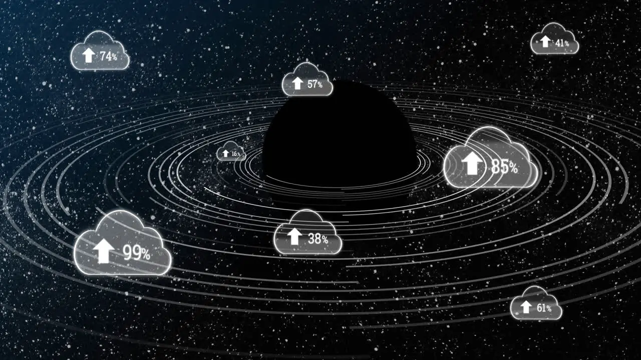 Animation of black planet and clouds with uploading in black space