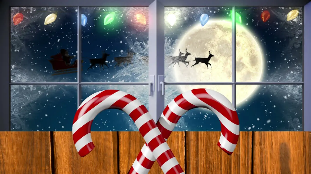 Animation of santa claus in sleigh with reindeer snow falling moon and christmas decorations