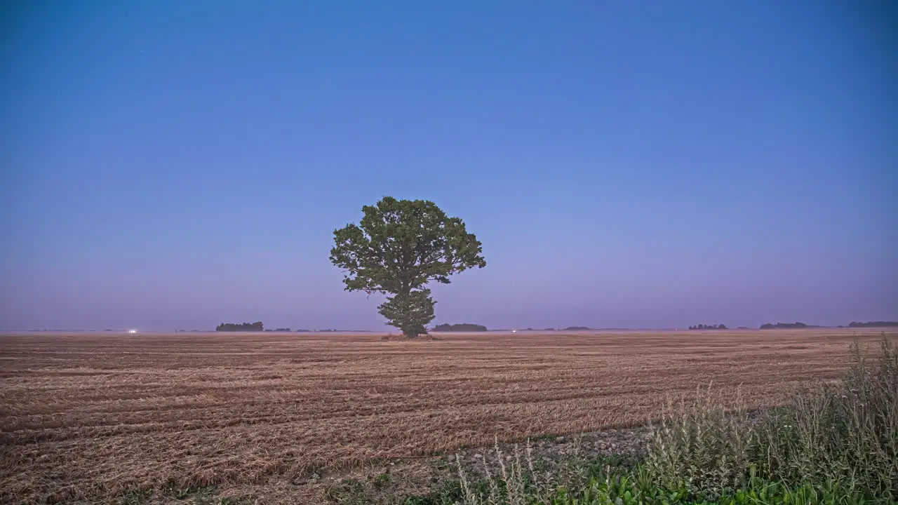 Twilight time lapse over freshy harvested farmland a tree and then the full moon rising