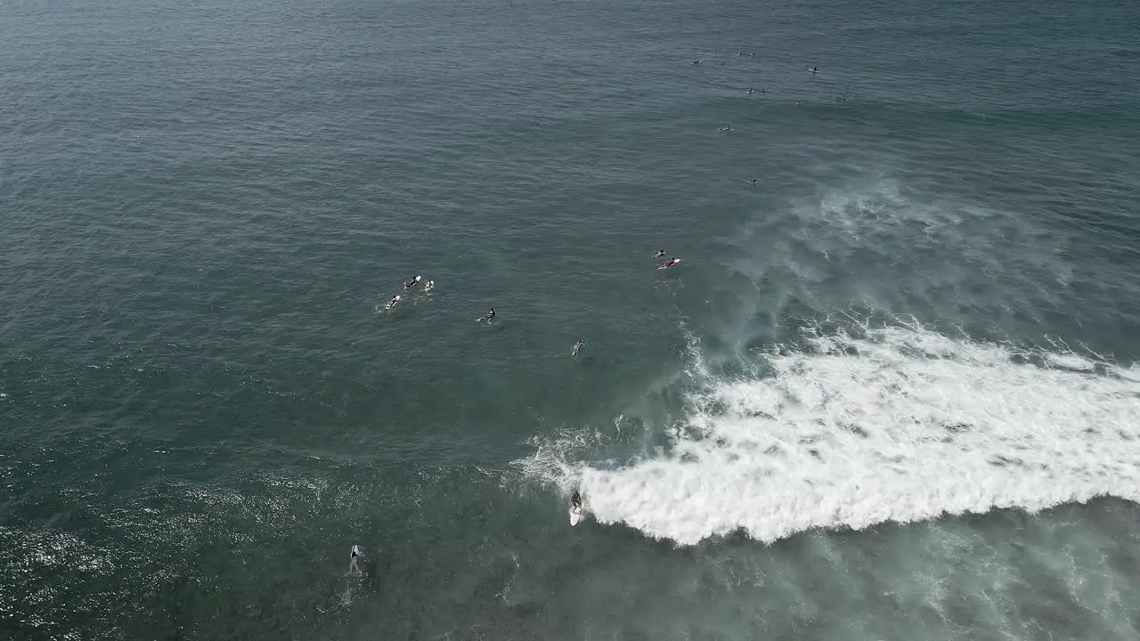 Aerial view of surfer riding wave to shore in tropical Hawaiian waters