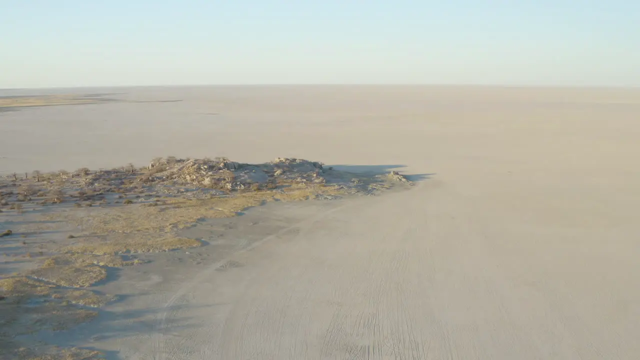 Drone Shot Of Unique And Empty Wild Tourism Attraction On Kubu Island Makgadigadi Pans Botswana