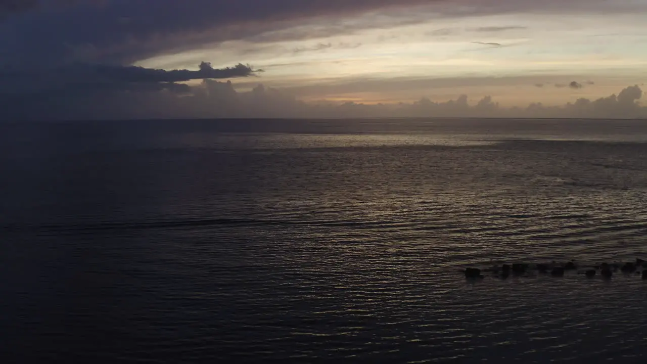 The camera flies past silhouetted palm trees over the Caribbean ocean at Sunset Ostiones Puerto Rico