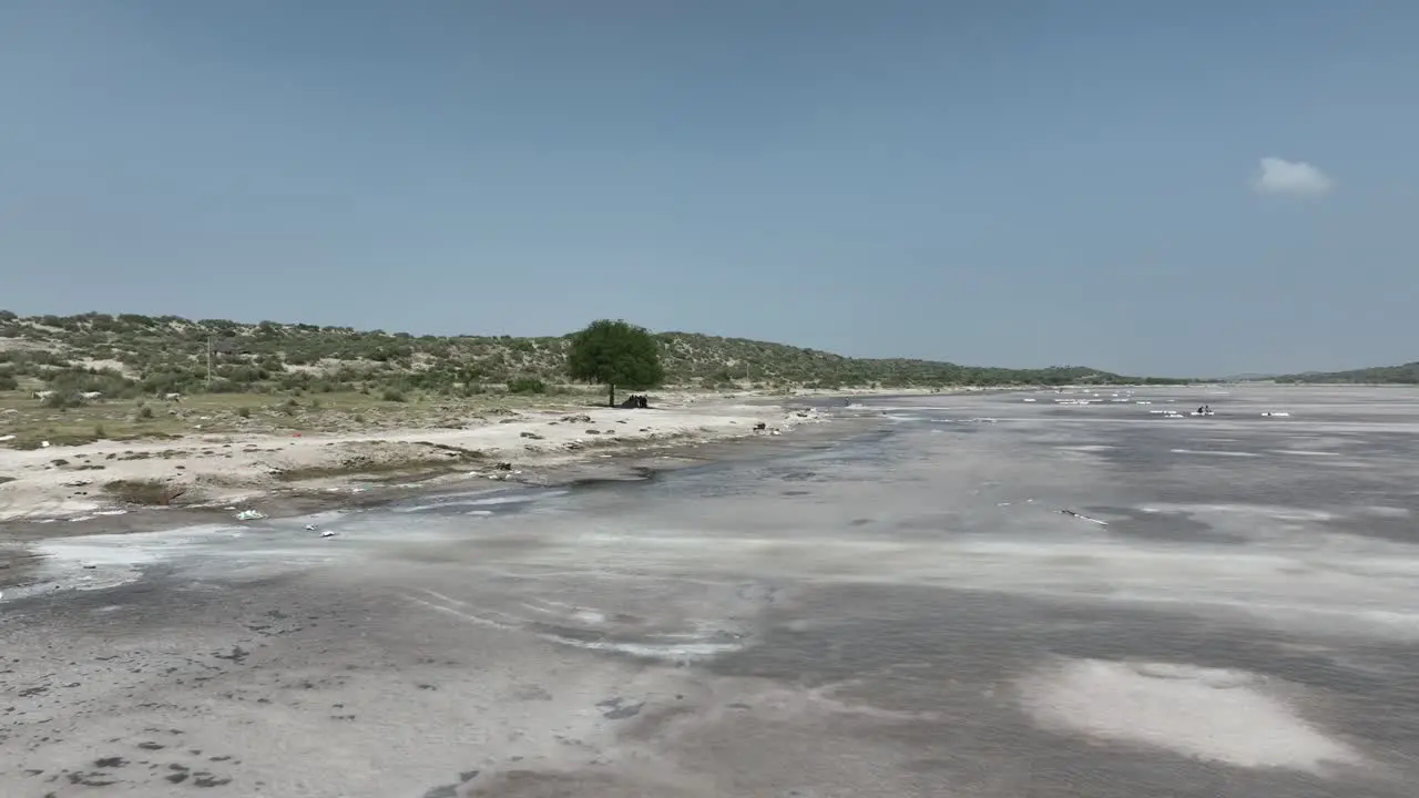 A solitary tree revealed through aerial drone footage stands amidst the scenic landscape of Salt Lake in Sanghar Sindh Pakistan