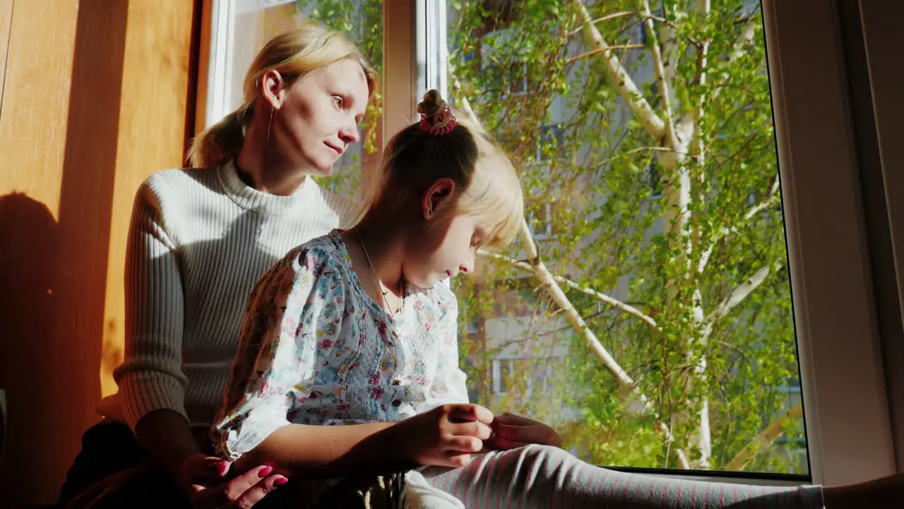 Mom And 6 Year Old Daughter Are Sitting On The Windowsill Looking Out The Window