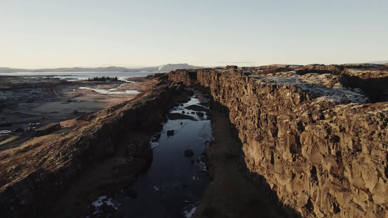 Drone dolly volcanic landscape Icelandic thingvellir national park Oxararfoss