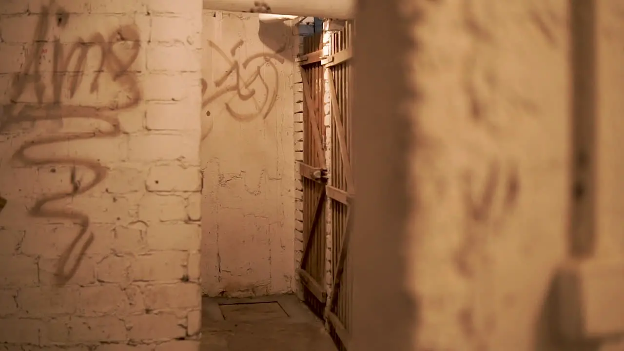 Grunge Concrete Walls And Locked Wooden Door From An Old Basement