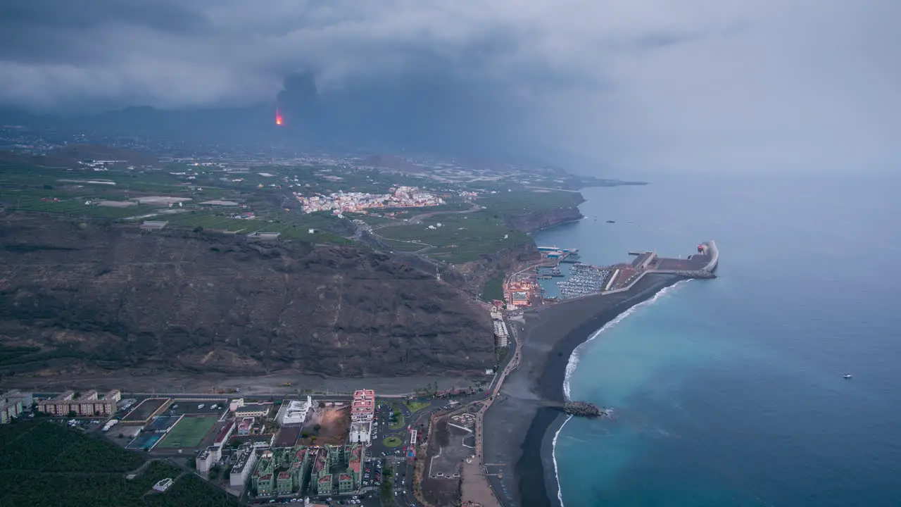 Day to night high point of view timelapse in La Palma during cumbre vieja volcano eruption in september 2021