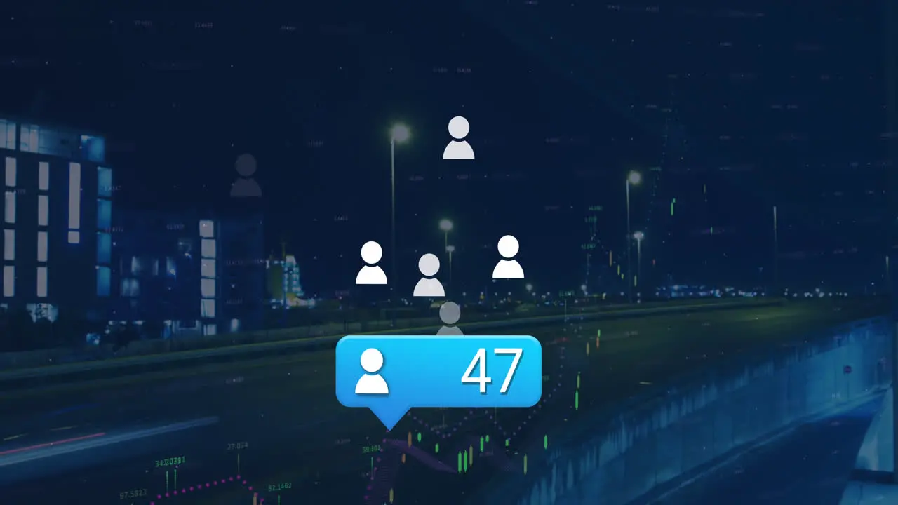 Animation of profile icon with increasing numbers against time-lapse of night city traffic