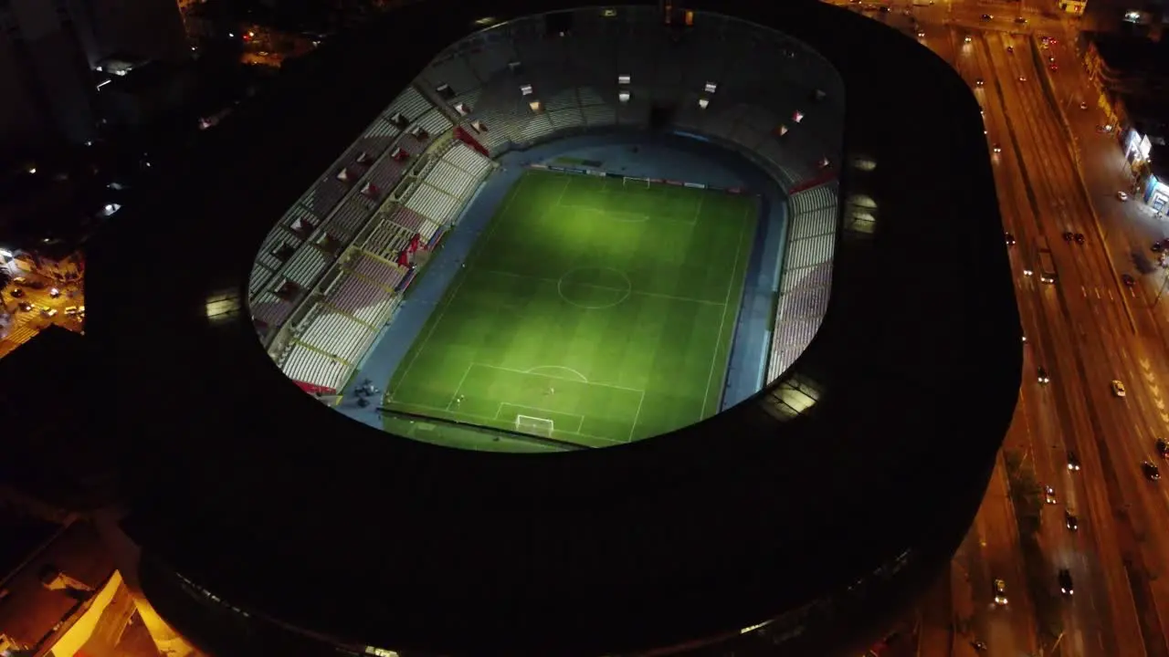 Drone video of Peru's national stadium during night time