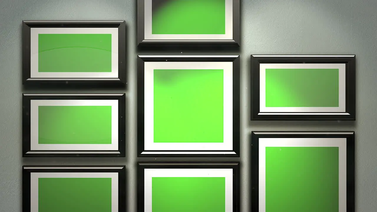 Motion camera in art gallery with picture and modern frame with green mock-up screen art background 1