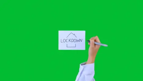 Doctor Writing Lockdown with House Illustration on Paper with Green Screen