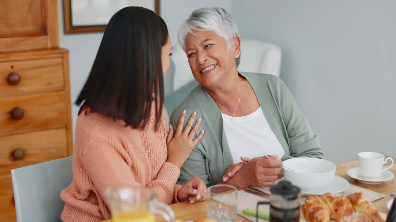 Senior mom woman and breakfast at table