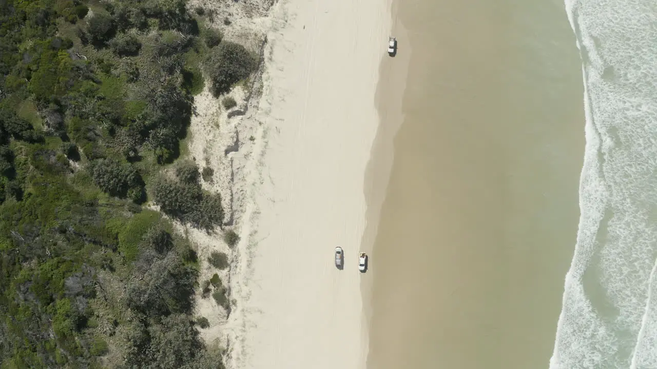 4k drone top view shot of a cars driving along the beautiful beach on Fraser Island Australia