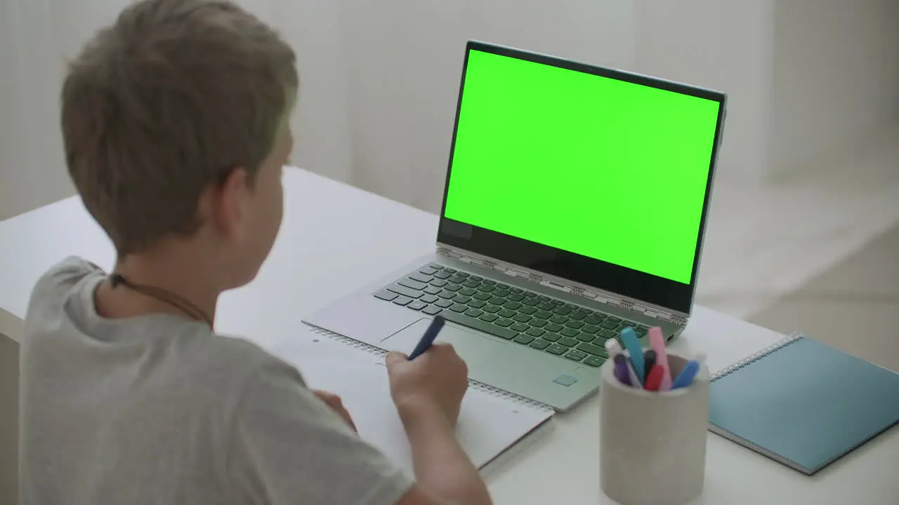 portrait of little schooler boy at home chatting online by notebook with internet connection sitting at living room at home