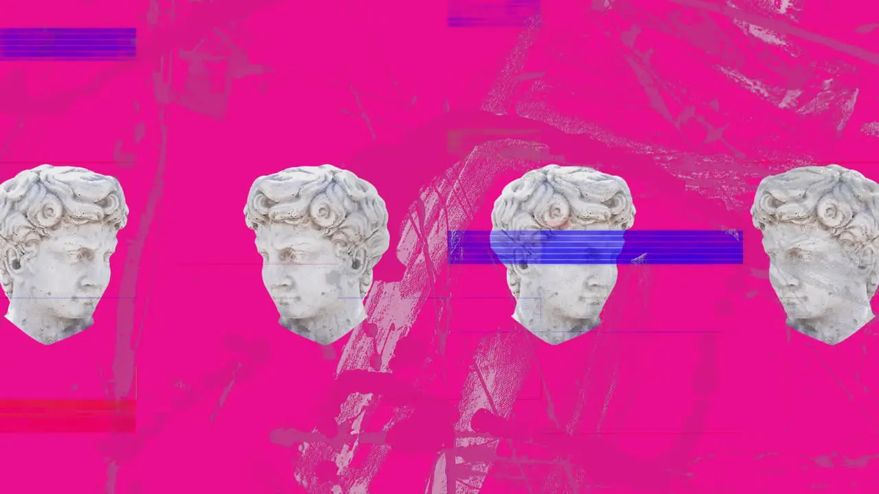 Animation of four antique head sculptures with glitch on pink background