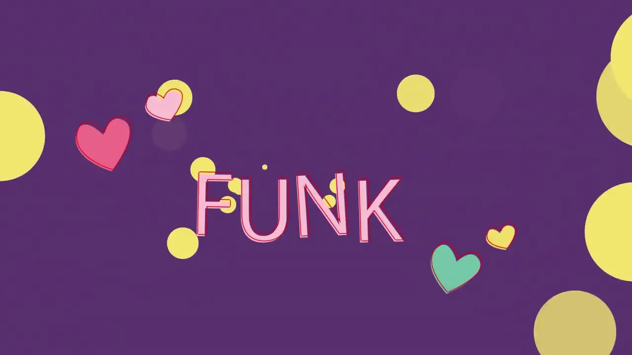 Animation of funk text over spots and hearts on purple background