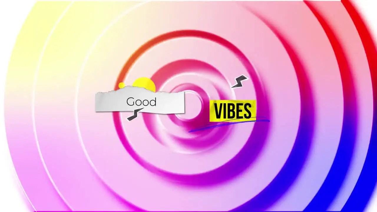 Animation of good vibes text over shapes on white background