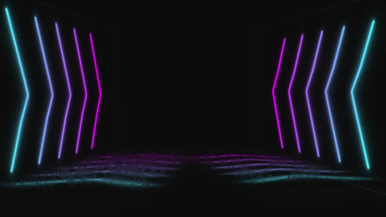 Animation of blue purple and pink glowing neon chevrons on black background