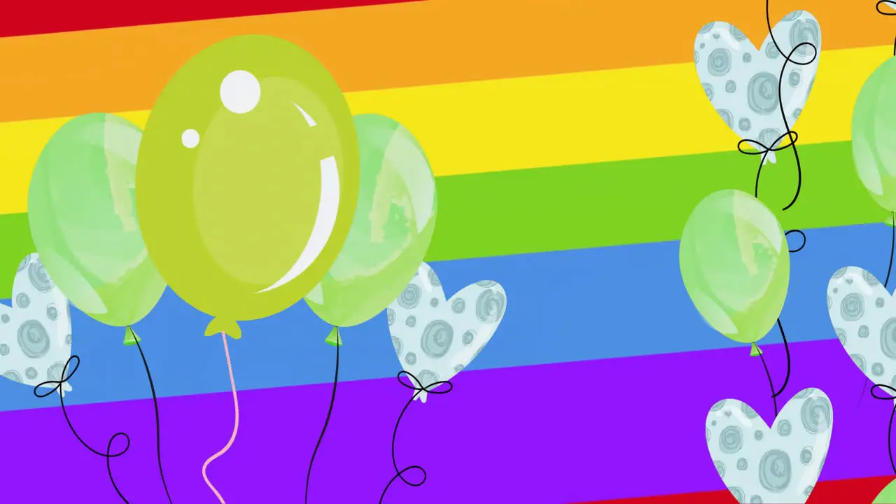 Animation of green and heart shape balloons on rainbow background